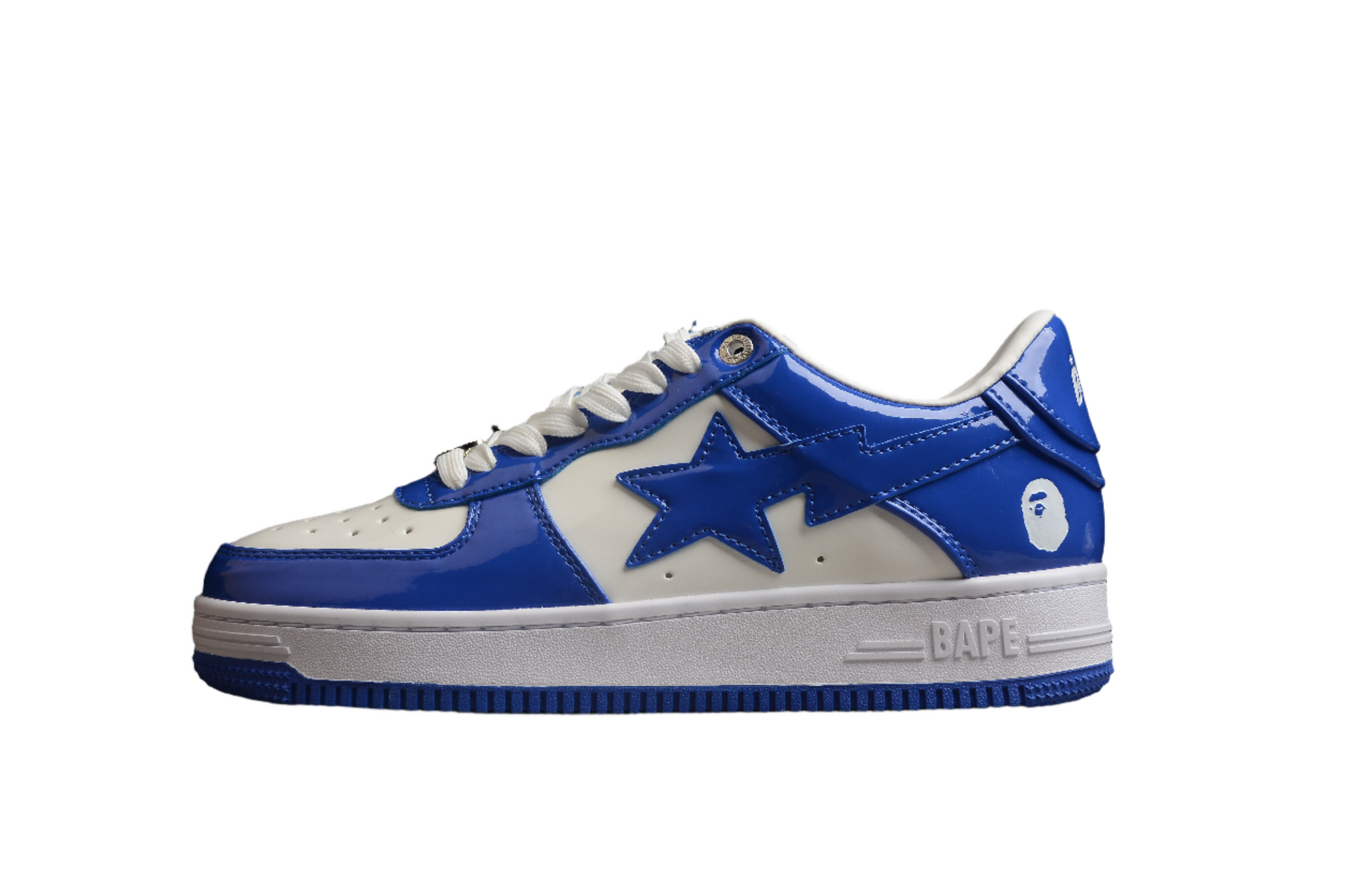 BAPE Sta Low-top Blue And Patent Leather Sneakers - White Unisex Streetwear Limited Edition - **BAPE STA Low-Top Blue and White Patent Leather Sneakers** Unleash your inner trendsetter with the