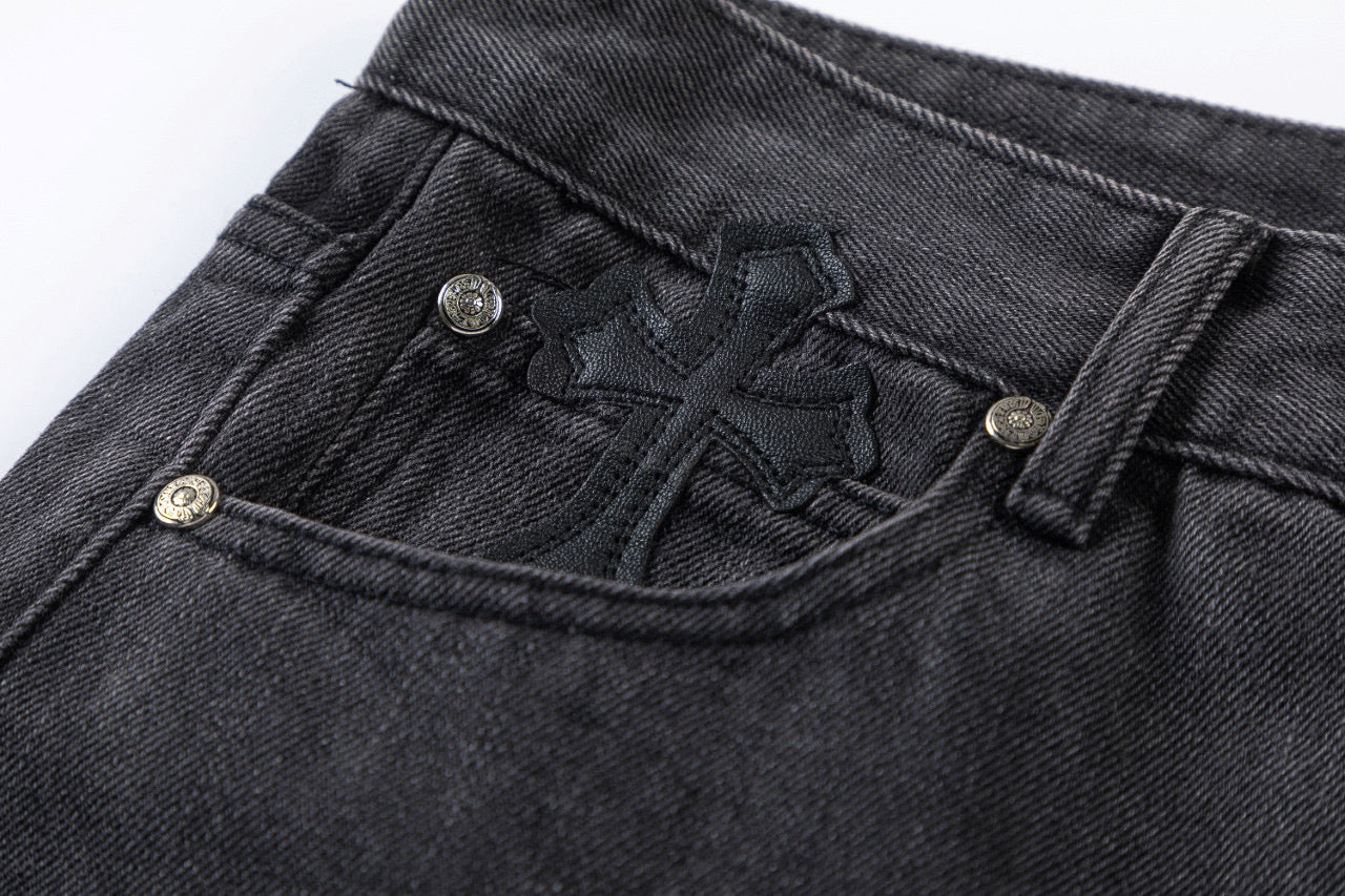 CHROME Hearts Brown Cross Patch Jeans - Black Unisex Streetwear Limited Edition