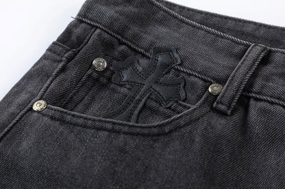 CHROME Hearts Brown Cross Patch Jeans - Black Unisex Streetwear Limited Edition