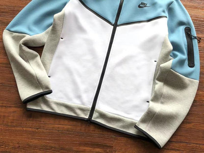 NIKE Tech Fleece Hoodie - Baby Blue - Grey - - White Unisex Streetwear Limited Edition - The NIKE TECH FLEECE HOODIE BABY BLUE/GREY/WHITE - REPLICA combine modern athletic functionality with a