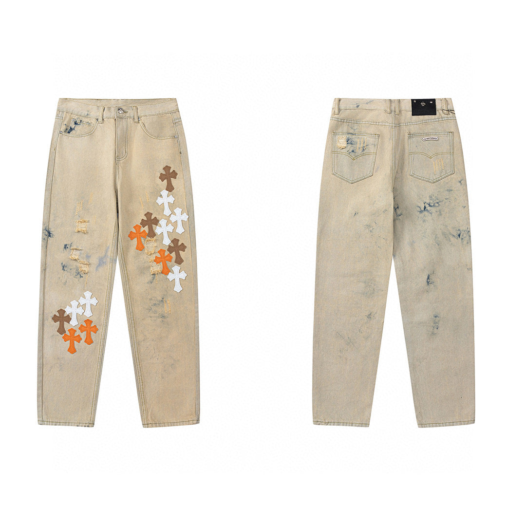 CHROME Hearts Brown Cross Patch Jeans Beige - Orange Unisex Streetwear Limited Edition