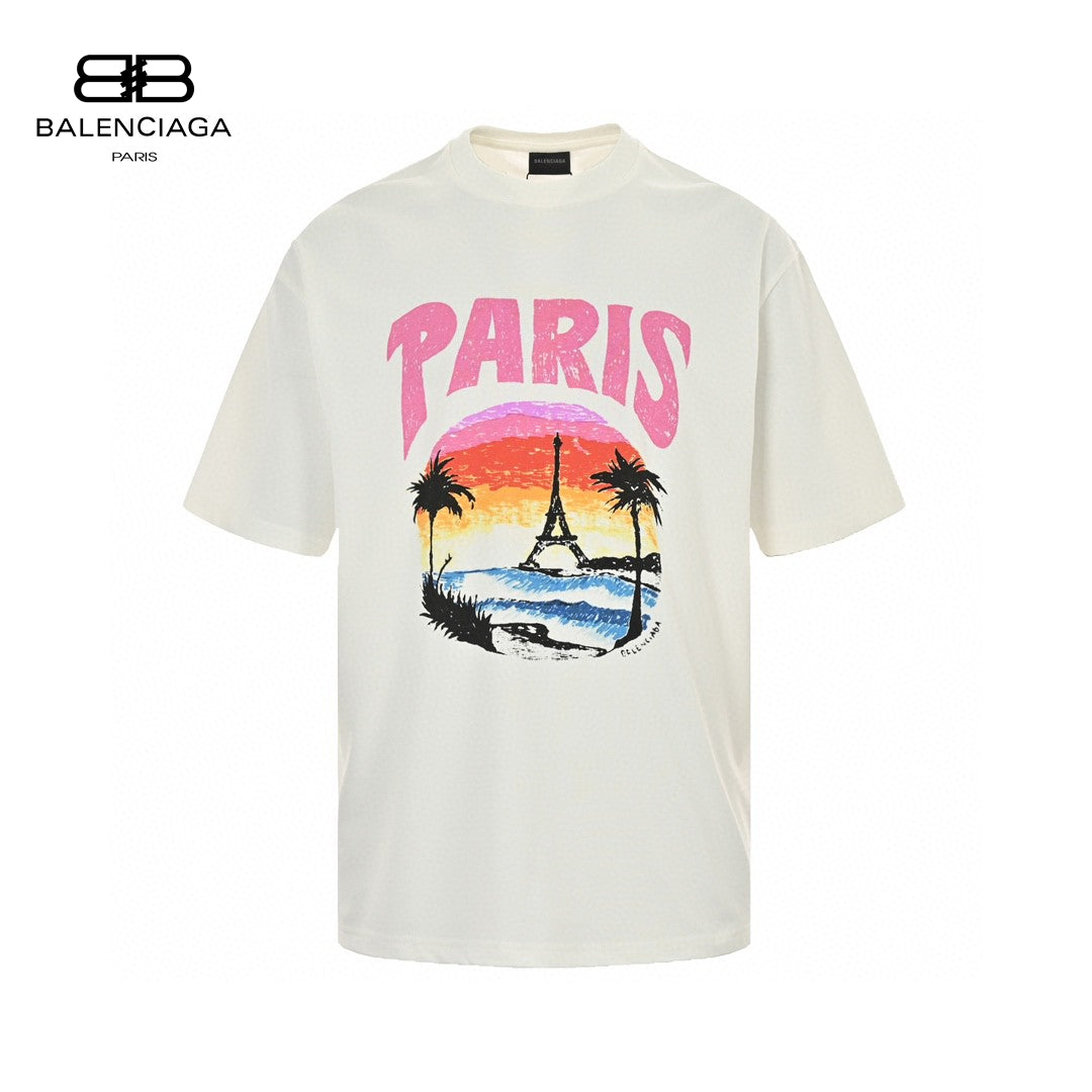 Balenciaga T-shirt With Paris Graphic - White Unisex Streetwear Limited Edition - <span>Vibrant and stylish. Features a colorful Paris graphic with the Eiffel Tower. Made from high-quality