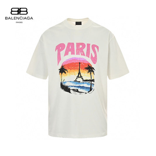 Balenciaga T-shirt With Paris Graphic - White Unisex Streetwear Limited Edition - <span>Vibrant and stylish. Features a colorful Paris graphic with the Eiffel Tower. Made from high-quality