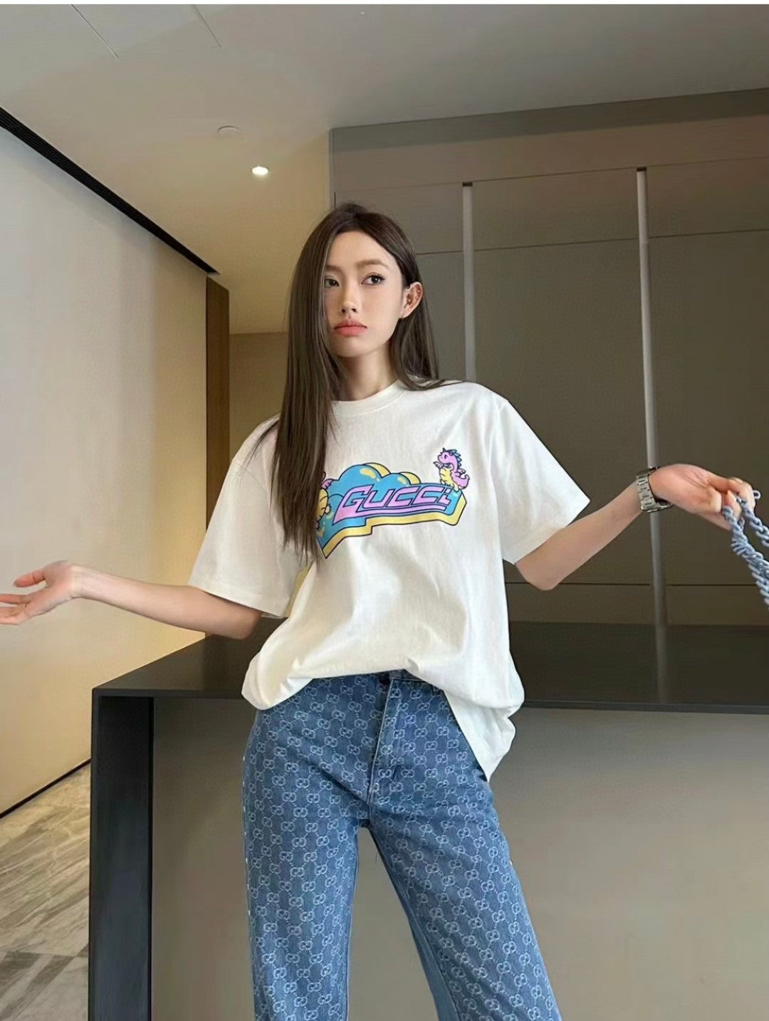 Gucci T-shirt With Pink Dinosaur Graphic - White Unisex Streetwear Limited Edition - <span>Fun and trendy. Features colorful pink dinosaur cartoons. Gucci logo in the center. Made from