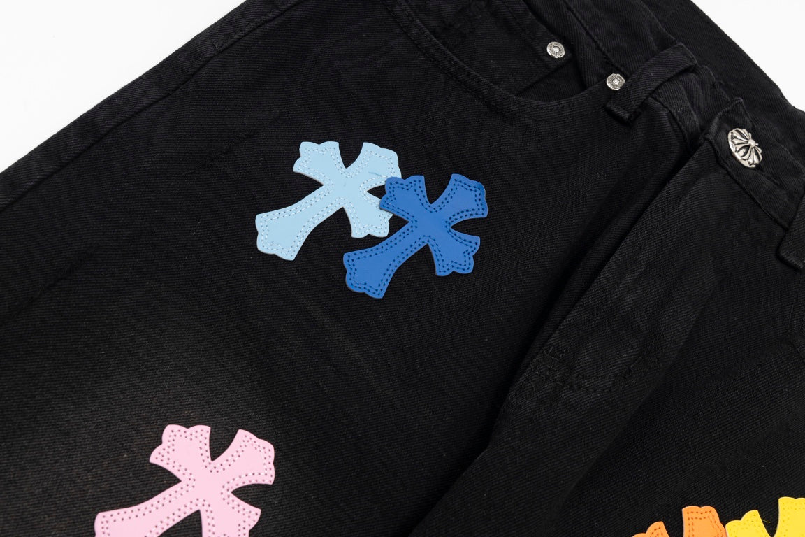 CHROME Hearts Multicolor Cross Patch Jorts Shorts - Black Unisex Streetwear Limited Edition