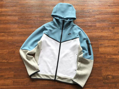 NIKE Tech Fleece Hoodie - Baby Blue - Grey - - White Unisex Streetwear Limited Edition - The NIKE TECH FLEECE HOODIE BABY BLUE/GREY/WHITE - REPLICA combine modern athletic functionality with a