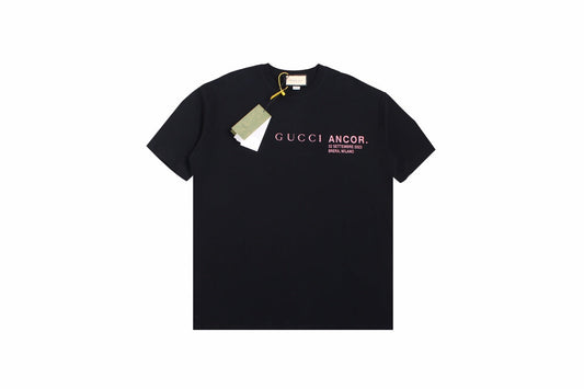 Gucci Ancor. T-shirt (black) Unisex Streetwear Limited Edition - <span>Stylish black t-shirt featuring a red 'GUCCI ANCOR.' graphic with event details on the chest.