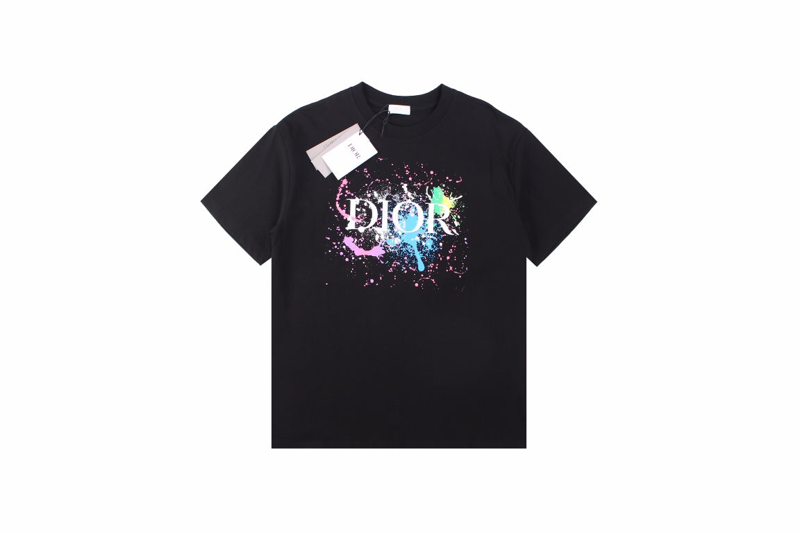 Dior Color Splash Graphic T-shirt - - Black Unisex Streetwear Limited Edition - This black Dior t-shirt captivates with a bold graphic of the 'Dior' logo amidst a