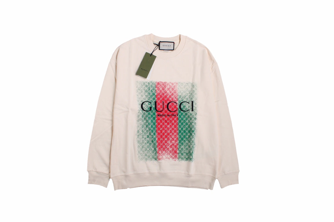 Gucci Sweatshirt - White Unisex Streetwear Limited Edition - White sweatshirt featuring the iconic Gucci green and red web design. Overlaid with the 'GUCCI'