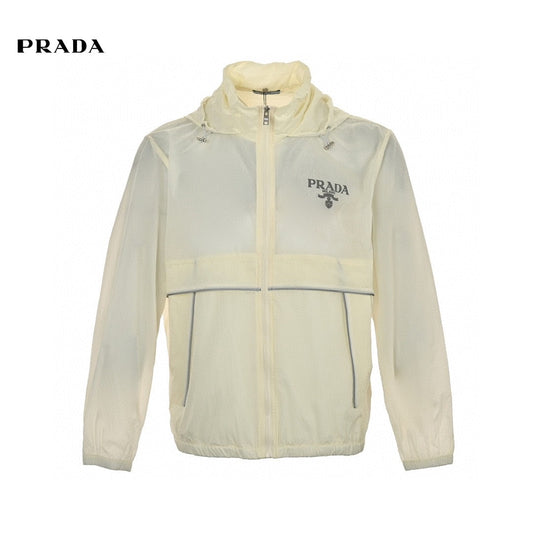 Prada Lightweight Hooded Jacket - White Unisex Streetwear Limited Edition - This Prada jacket features a translucent white design with the Prada logo on the chest.