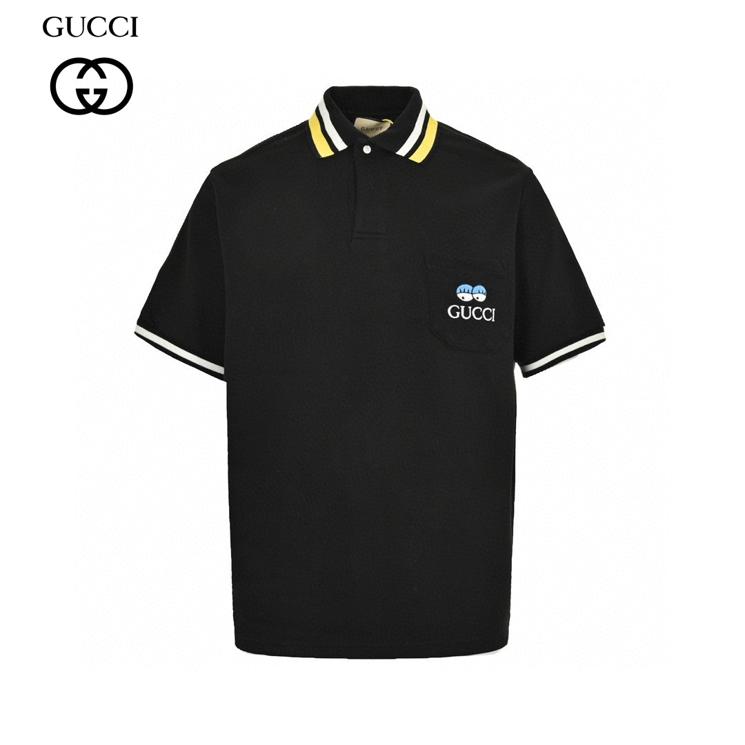 Gucci Polo Shirt - Black Unisex Streetwear Limited Edition - This Gucci polo shirt features a sleek black design with white and yellow trim on