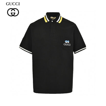 Gucci Polo Shirt - Black Unisex Streetwear Limited Edition - This Gucci polo shirt features a sleek black design with white and yellow trim on