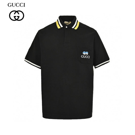 Gucci Polo Shirt - Black Unisex Streetwear Limited Edition - This Gucci polo shirt features a sleek black design with white and yellow trim on