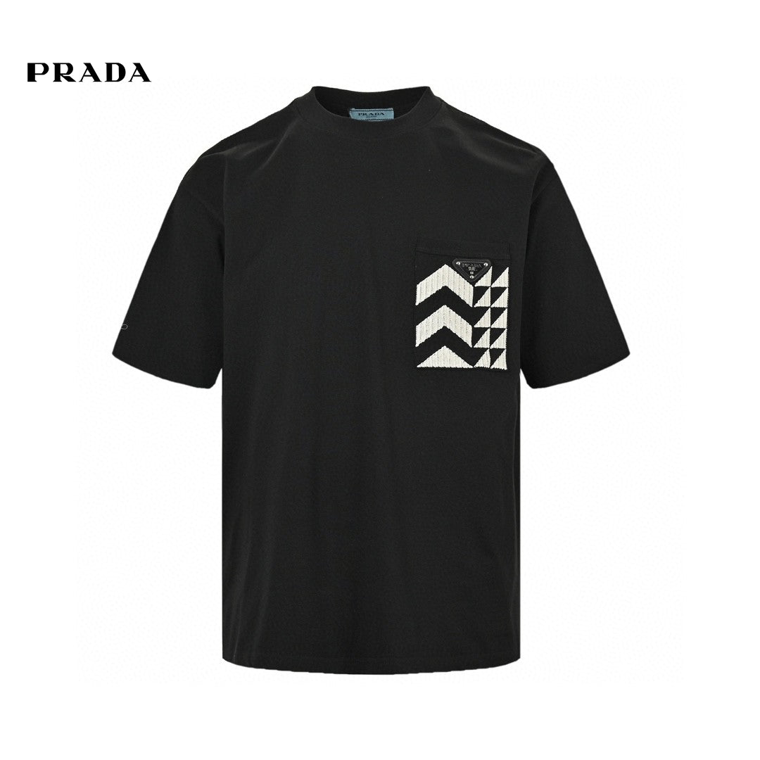 Prada T-shirt With Geometric Pocket Design - Black Unisex Streetwear Limited Edition - The Prada Black T-Shirt with Geometric Pocket Design is a contemporary and chic addition to