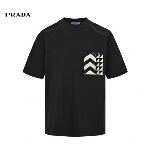 Prada T-shirt With Geometric Pocket Design - Black Unisex Streetwear Limited Edition - The Prada Black T-Shirt with Geometric Pocket Design is a contemporary and chic addition to