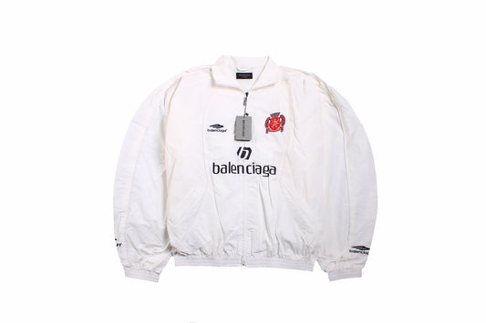 Balenciaga Zip-up Track Jacket - White Unisex Streetwear Limited Edition - This Balenciaga jacket features a sporty design with a white base. It has a zip-up