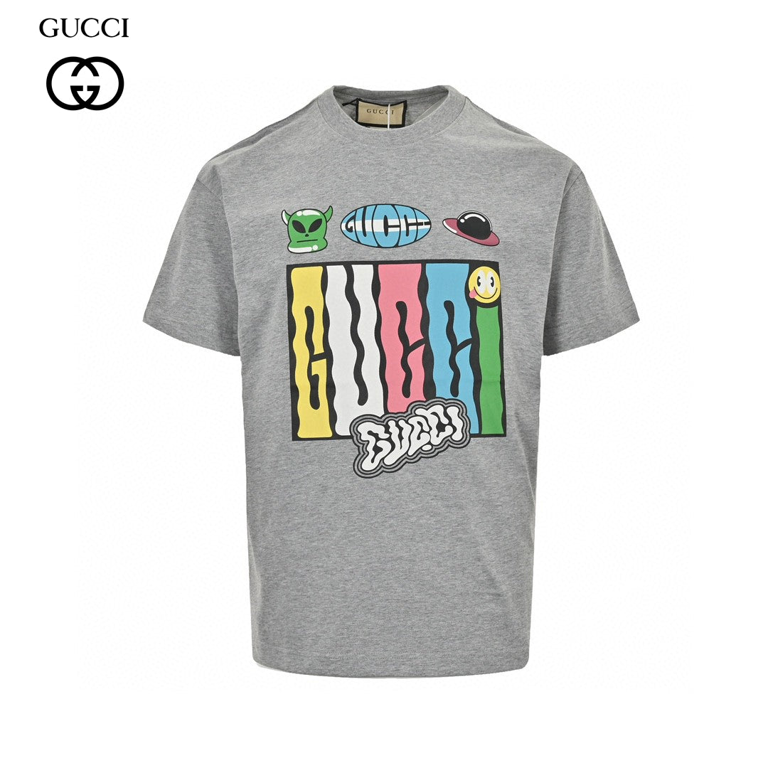 Gucci Cartoon Graphic T-shirt (grey) Unisex Streetwear Limited Edition - This grey Gucci T-shirt features a playful and vibrant cartoon graphic design. The front showcases