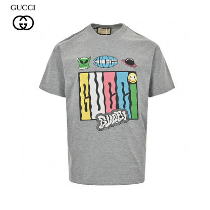 Gucci Cartoon Graphic T-shirt (grey) Unisex Streetwear Limited Edition - This grey Gucci T-shirt features a playful and vibrant cartoon graphic design. The front showcases