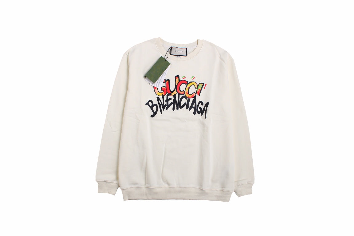 Gucci - Balenciaga Sweatshirt - White Unisex Streetwear Limited Edition - White sweatshirt featuring a playful, colorful 'Gucci Balenciaga' graphic. Designed with ribbed cuffs and hem