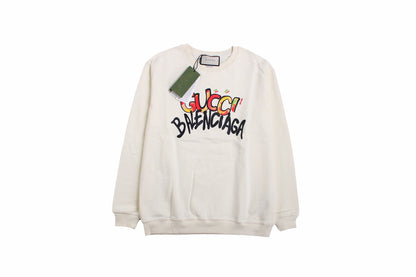 Gucci - Balenciaga Sweatshirt - White Unisex Streetwear Limited Edition - White sweatshirt featuring a playful, colorful 'Gucci Balenciaga' graphic. Designed with ribbed cuffs and hem