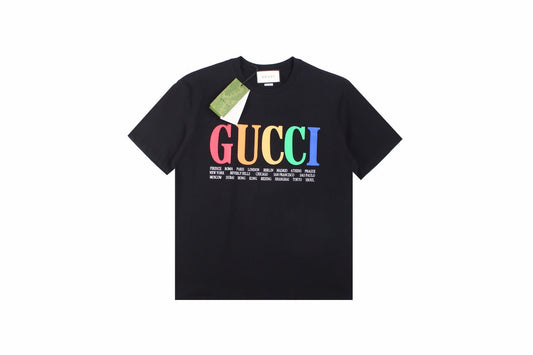 Gucci Cities Block Letter T-shirt - Black Unisex Streetwear Limited Edition - This sleek black Gucci t-shirt features a bold, colorful 'GUCCI' logo across the chest in
