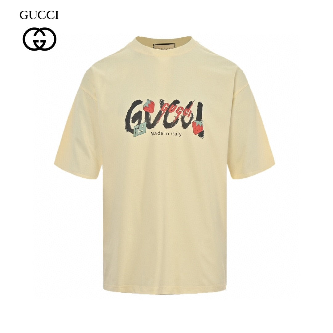 Gucci Strawberry Logo T-shirt (beige) Unisex Streetwear Limited Edition - The Gucci Strawberry Logo T-Shirt in beige features a playful and artistic design that embodies