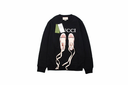 Gucci Sweatshirt With Ballet Slippers Print - Black Unisex Streetwear Limited Edition - This Gucci black sweatshirt features a striking design with an image of ballet slippers hanging,
