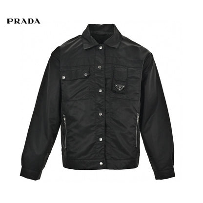 Prada Nylon Jacket - Black Unisex Streetwear Limited Edition - This Prada jacket features a sleek black design with a button-up front. It has multiple