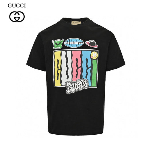 Gucci Cartoon Graphic T-shirt (black) Unisex Streetwear Limited Edition - This black Gucci T-shirt features a playful and vibrant cartoon graphic design. The front showcases