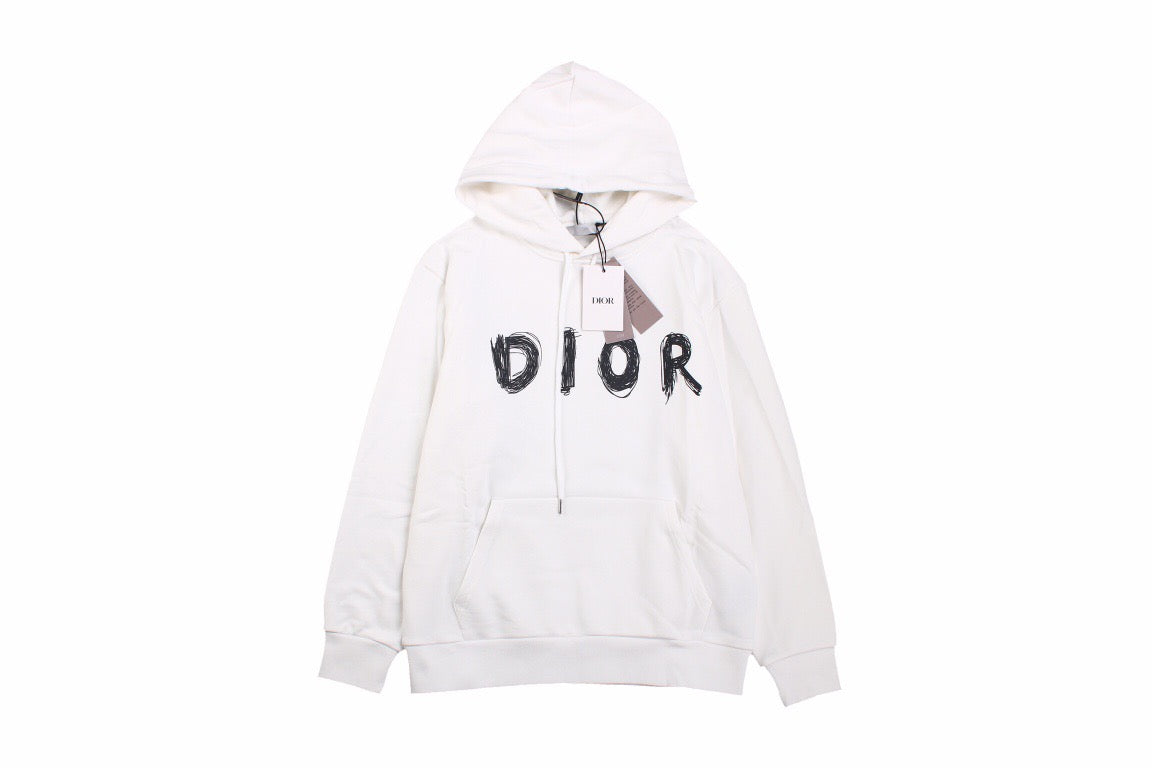 Dior Brushstroke Hoodie - White Unisex Streetwear Limited Edition - This Dior hoodie in white features a bold brushstroke-style 'DIOR' logo on the front. It