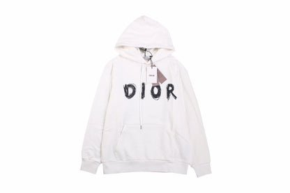 Dior Brushstroke Hoodie - White Unisex Streetwear Limited Edition - This Dior hoodie in white features a bold brushstroke-style 'DIOR' logo on the front. It