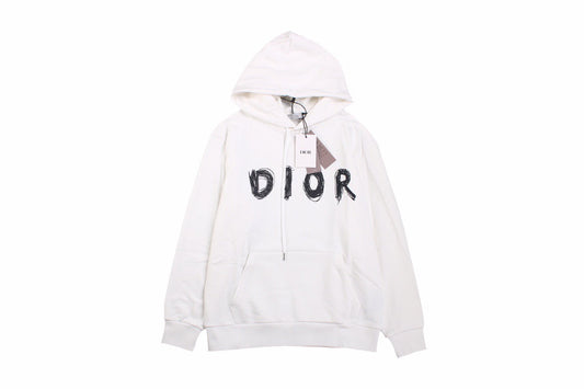 Dior Brushstroke Hoodie - White Unisex Streetwear Limited Edition - This Dior hoodie in white features a bold brushstroke-style 'DIOR' logo on the front. It