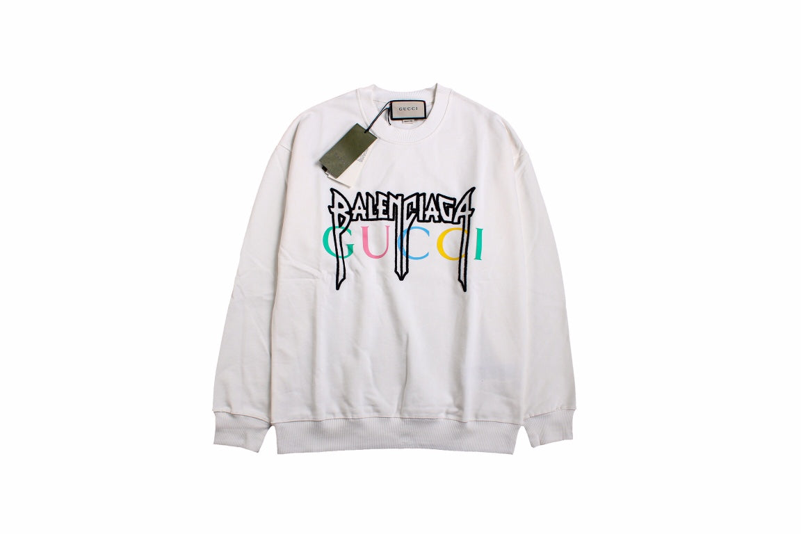 Gucci - Balenciaga Sweatshirt - Black Unisex Streetwear Limited Edition - White sweatshirt featuring a bold graphic design. 'BALENCIAGA' in black gothic font overlaid with 'GUCCI'
