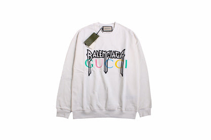 Gucci - Balenciaga Sweatshirt - Black Unisex Streetwear Limited Edition - White sweatshirt featuring a bold graphic design. 'BALENCIAGA' in black gothic font overlaid with 'GUCCI'