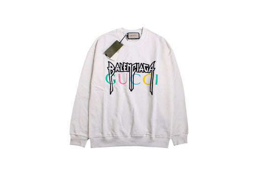 Gucci - Balenciaga Sweatshirt - Black Unisex Streetwear Limited Edition - White sweatshirt featuring a bold graphic design. 'BALENCIAGA' in black gothic font overlaid with 'GUCCI'