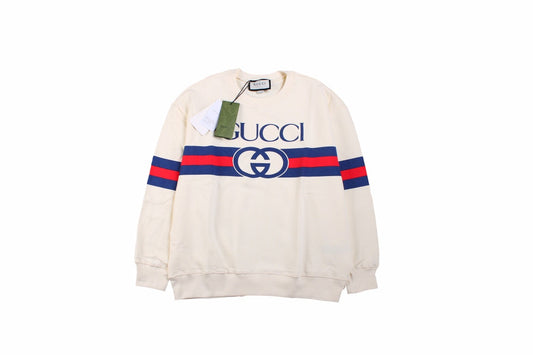 Gucci Sweatshirt - Red Unisex Streetwear Limited Edition - Cream sweatshirt with bold GUCCI logo. Blue and red stripe detailing across chest and sleeves.