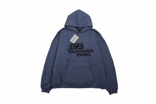 Balenciaga Paris Graffiti Hoodie - - Blue Unisex Streetwear Limited Edition - This blue Balenciaga hoodie features a bold graffiti-style graphic with the 'Balenciaga Paris' logo on