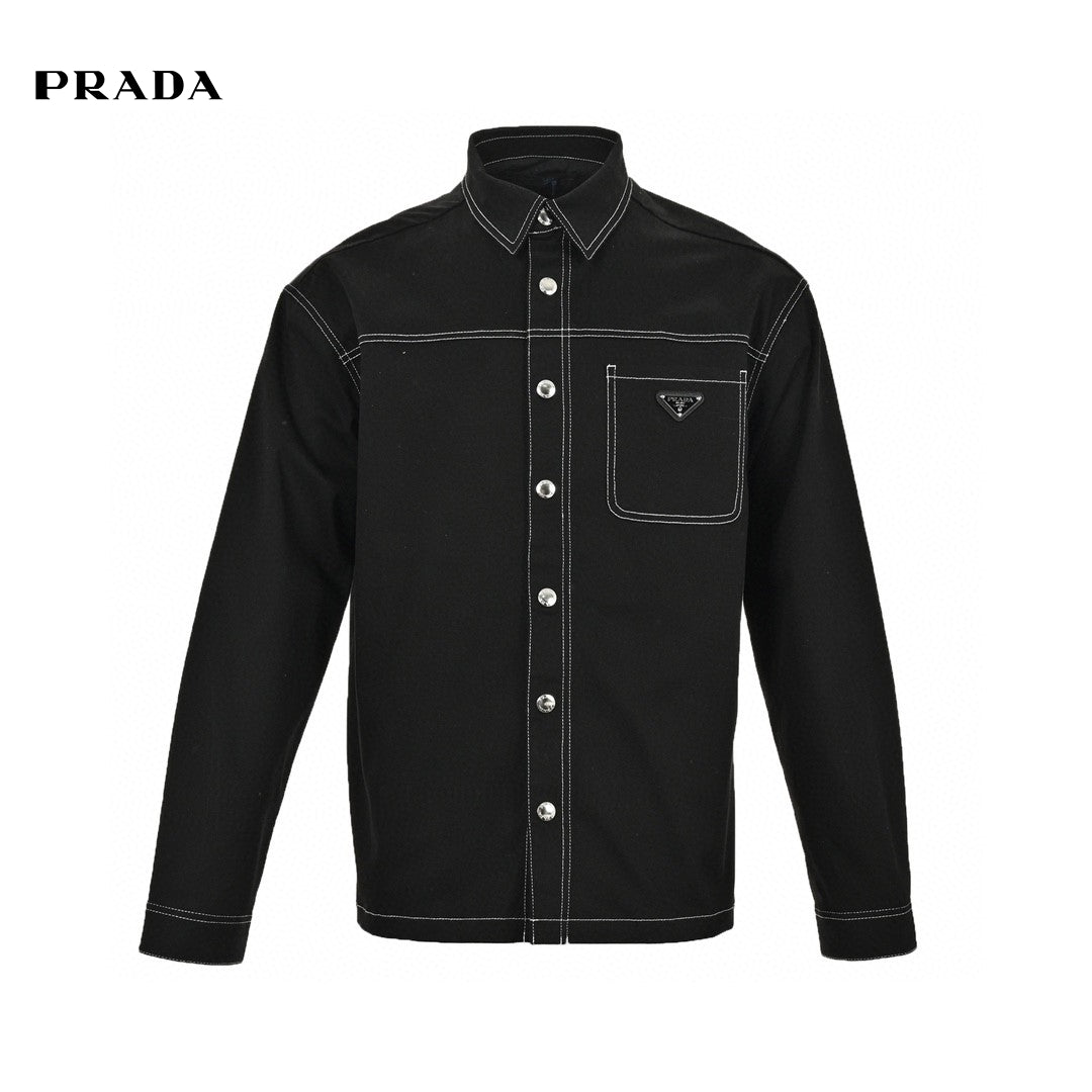 Prada Button-up Shirt - Black Unisex Streetwear Limited Edition - This Prada shirt features a classic black design with contrast white stitching. It has a