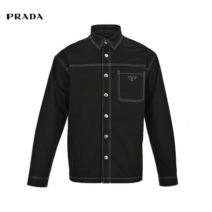 Prada Button-up Shirt - Black Unisex Streetwear Limited Edition - This Prada shirt features a classic black design with contrast white stitching. It has a