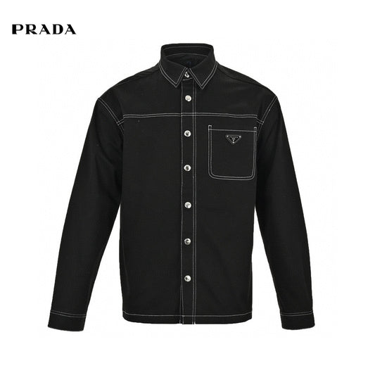 Prada Button-up Shirt - Black Unisex Streetwear Limited Edition - This Prada shirt features a classic black design with contrast white stitching. It has a