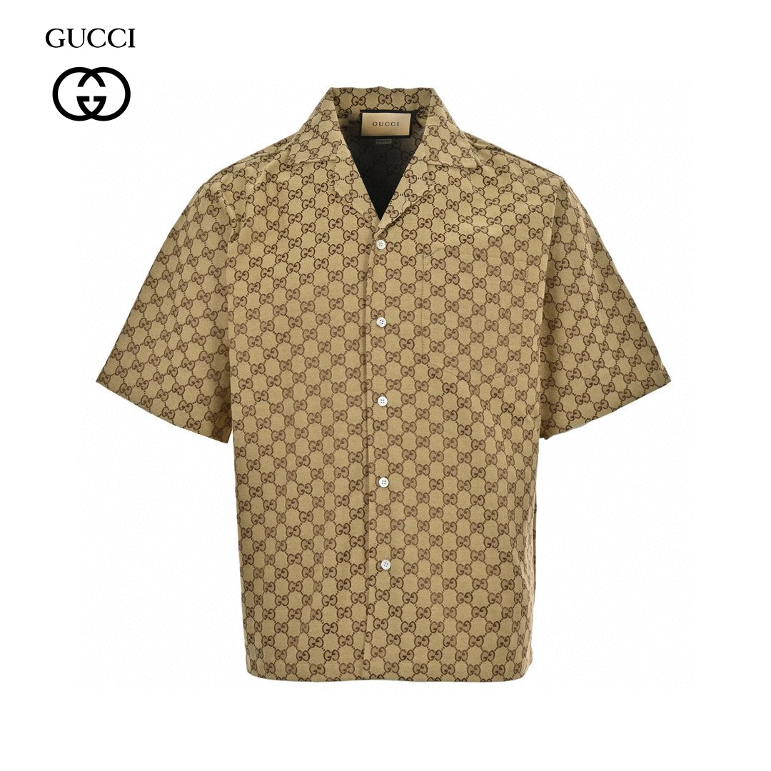 Gucci Gg Monogram Short Sleeve Shirt - Beige Unisex Streetwear Limited Edition - This Gucci shirt features an all-over GG monogram pattern in a classic beige color. The