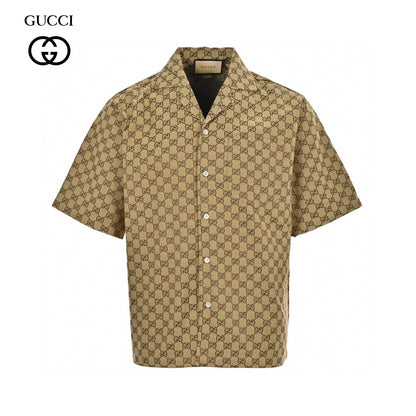 Gucci Gg Monogram Short Sleeve Shirt - Beige Unisex Streetwear Limited Edition - This Gucci shirt features an all-over GG monogram pattern in a classic beige color. The