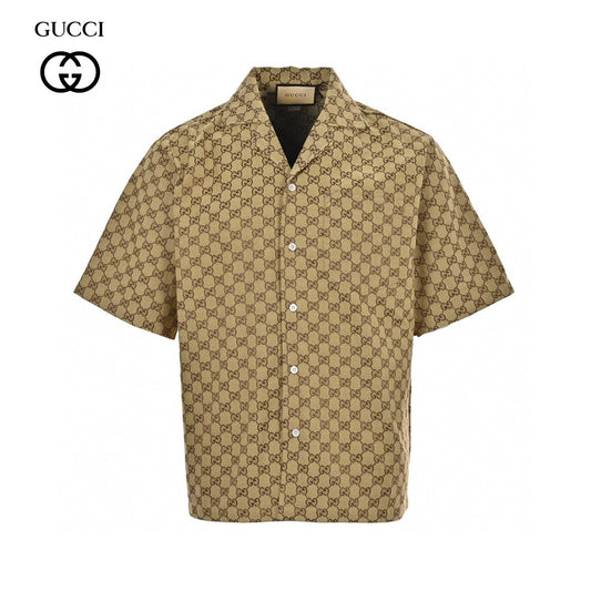 Gucci Gg Monogram Short Sleeve Shirt - Beige Unisex Streetwear Limited Edition - This Gucci shirt features an all-over GG monogram pattern in a classic beige color. The