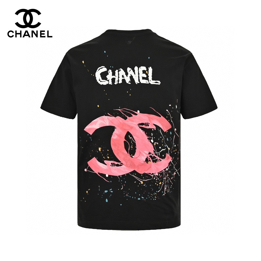 Chanel Pink Splash Logo T-shirt - Black Unisex Streetwear Limited Edition - This Chanel t-shirt features a large pink logo with a splash paint effect, complemented by