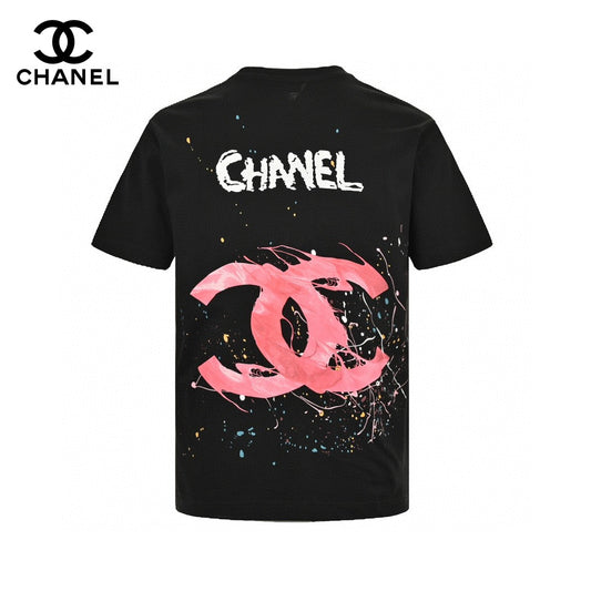 Chanel Pink Splash Logo T-shirt - Black Unisex Streetwear Limited Edition - This Chanel t-shirt features a large pink logo with a splash paint effect, complemented by