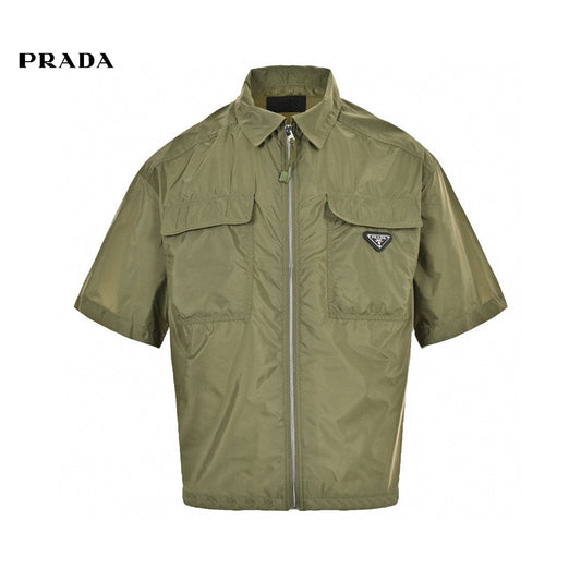 Prada Olive Short-sleeve Jacket - Green Unisex Streetwear Limited Edition - This Prada jacket features a stylish design with an olive green color. It includes a
