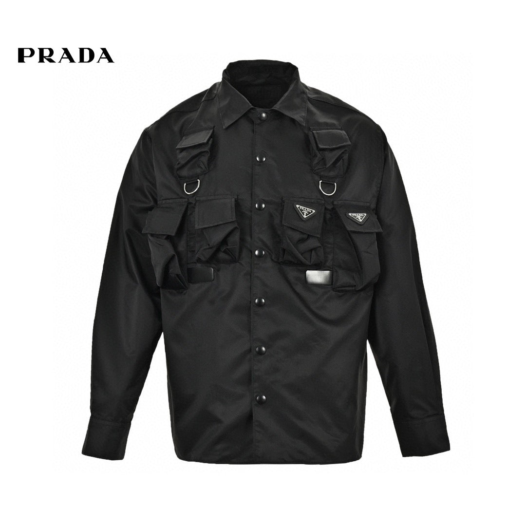 Prada Military Style Jacket - - Black Unisex Streetwear Limited Edition - This Prada jacket features a military-inspired design in black. It has multiple utility pockets with
