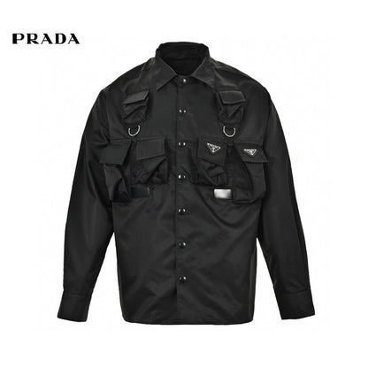 Prada Military Style Jacket - - Black Unisex Streetwear Limited Edition - This Prada jacket features a military-inspired design in black. It has multiple utility pockets with