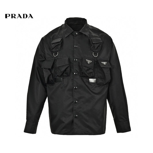 Prada Military Style Jacket - - Black Unisex Streetwear Limited Edition - This Prada jacket features a military-inspired design in black. It has multiple utility pockets with