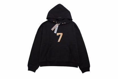 Fear Of God Hoodie - Black Unisex Streetwear Limited Edition - Black hoodie with tan '7' print on the chest. Comfortable and cozy fit. Features a